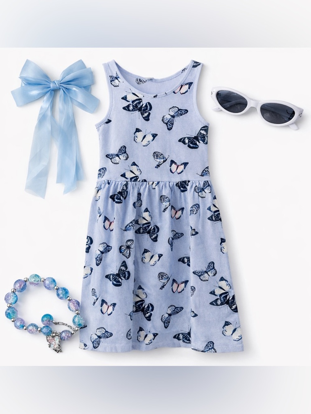H&M Girls Butterfly Dress 8Y + Bow, Bracelet & Sunglasses Set